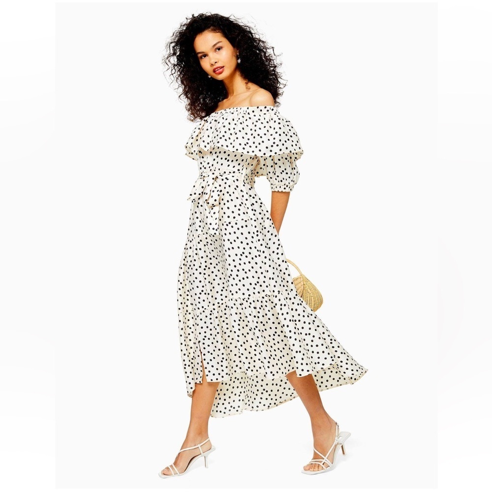 Topshop‎ Bardot Spot Print off-The-Shoulder Dress Size 8